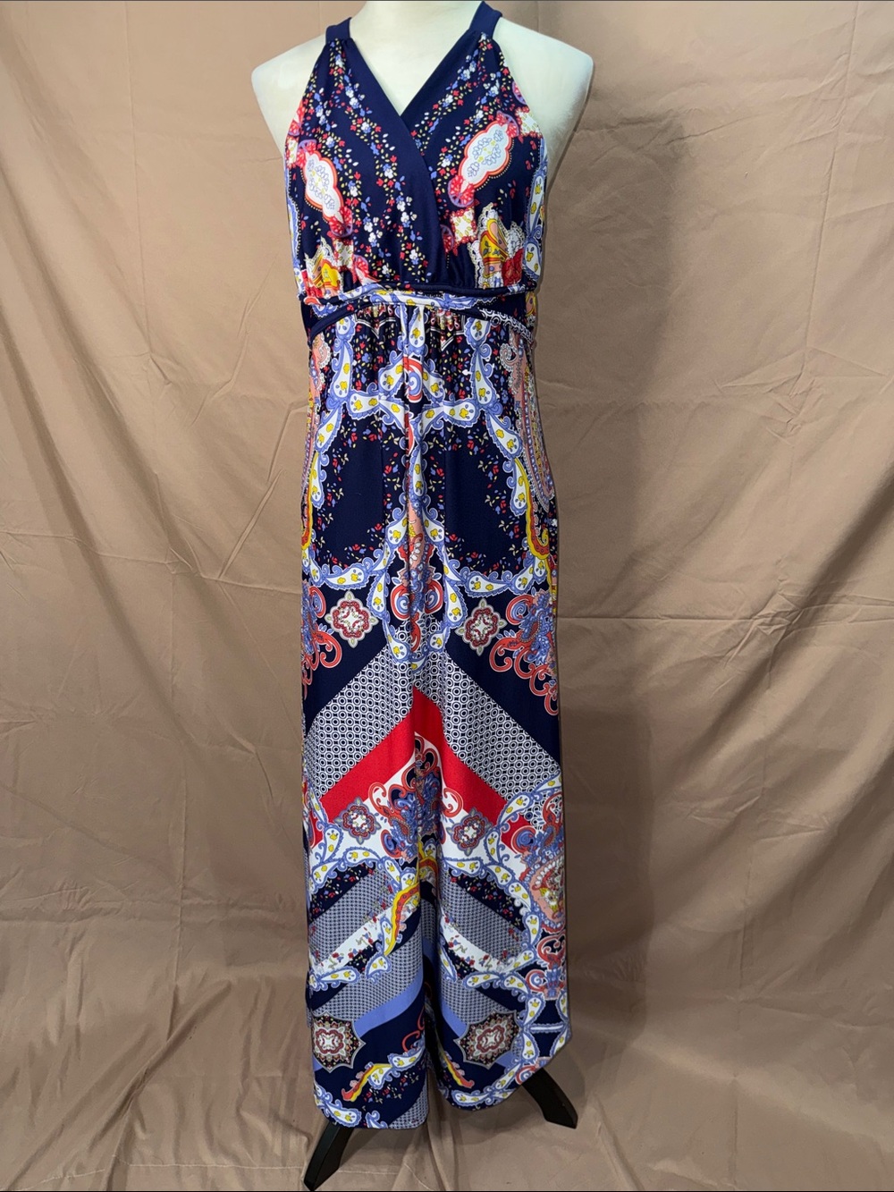 NWOT Metaphor Navy Paisley Halter Maxi with Red & Yellow Accents- Large